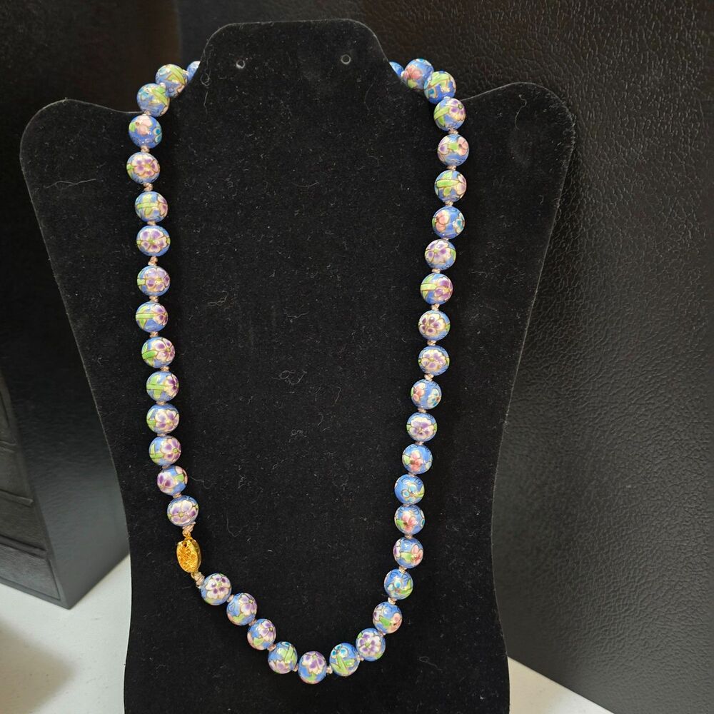 Knotted ceramic beaded cloisonné Necklace 24"